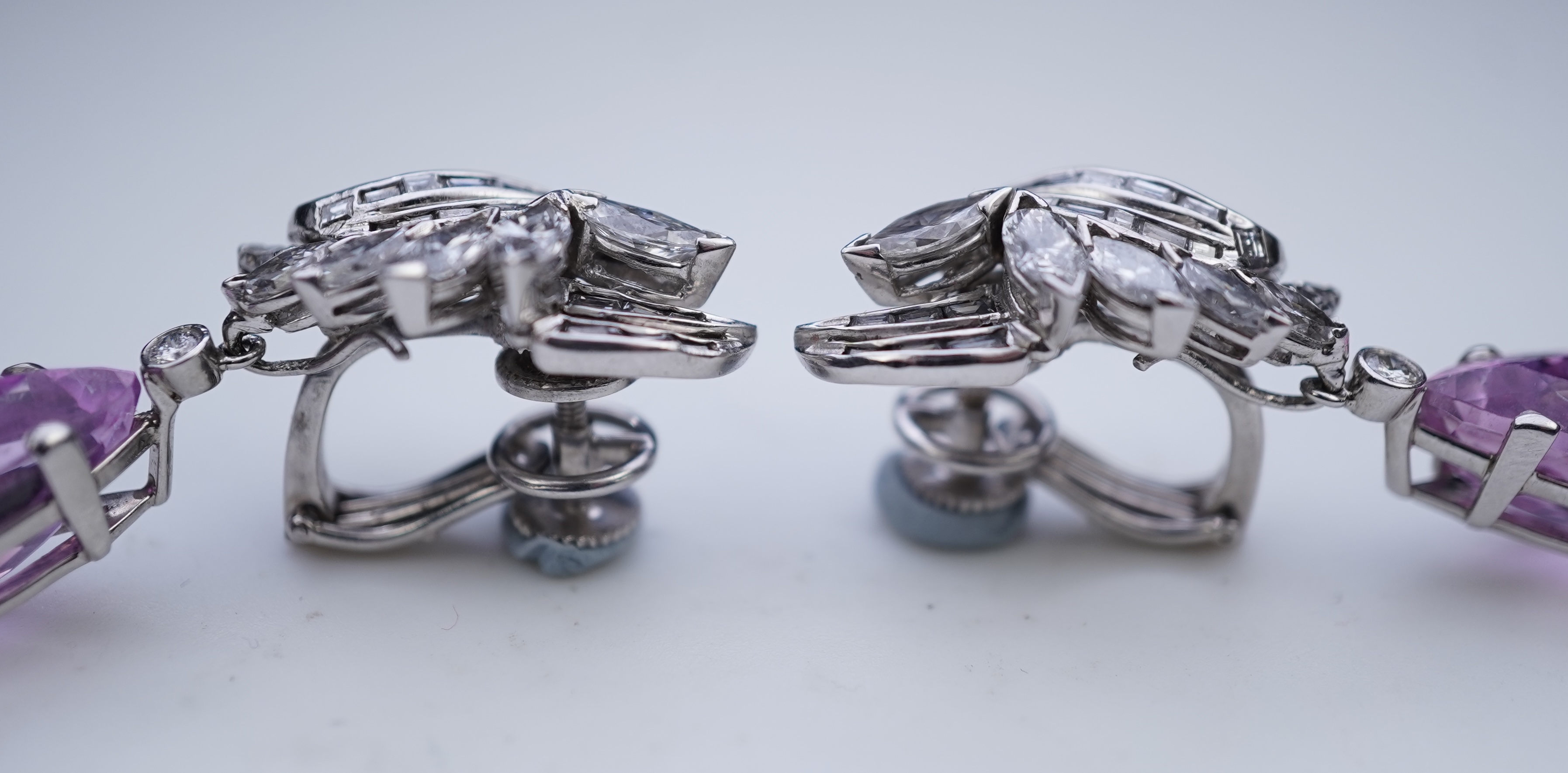 An attractive pair of 'day and night' kunzite and diamond ear clips